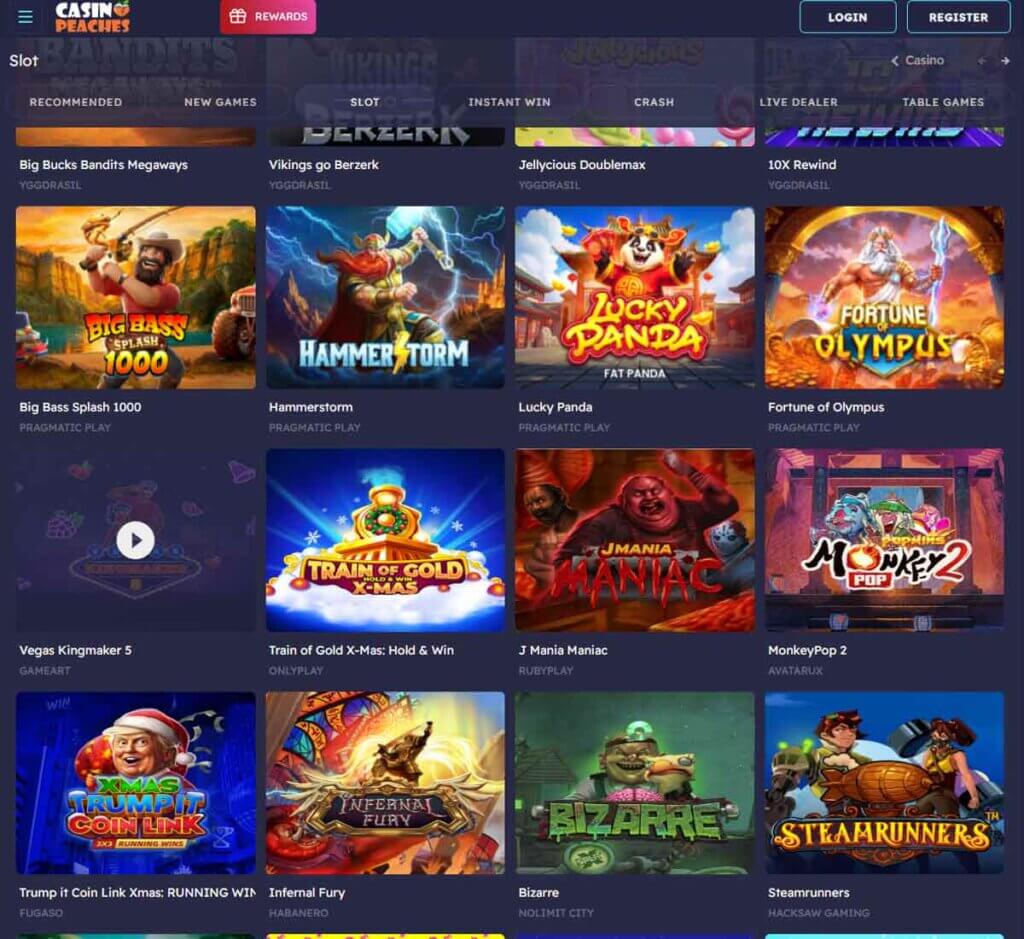 Casino Peaches desktop slots screenshot showing slots library with featured titles, game categories and provider filters - tested Casino Peaches desktop slots screenshot showing slots library with featured titles, game categories and provider filters - tested