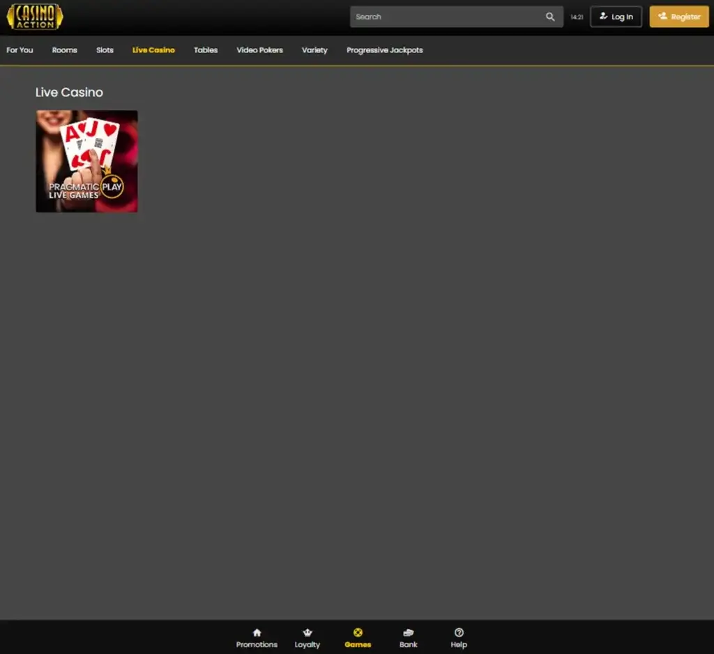 Casino Action desktop live casino lobby screenshot featuring live dealer games and real-time streaming interface - review testing