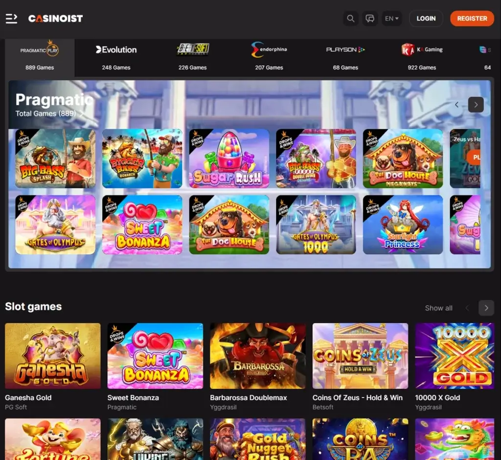 Casinoist Casino desktop homepage screenshot showing main navigation, featured games, and promotions – tested