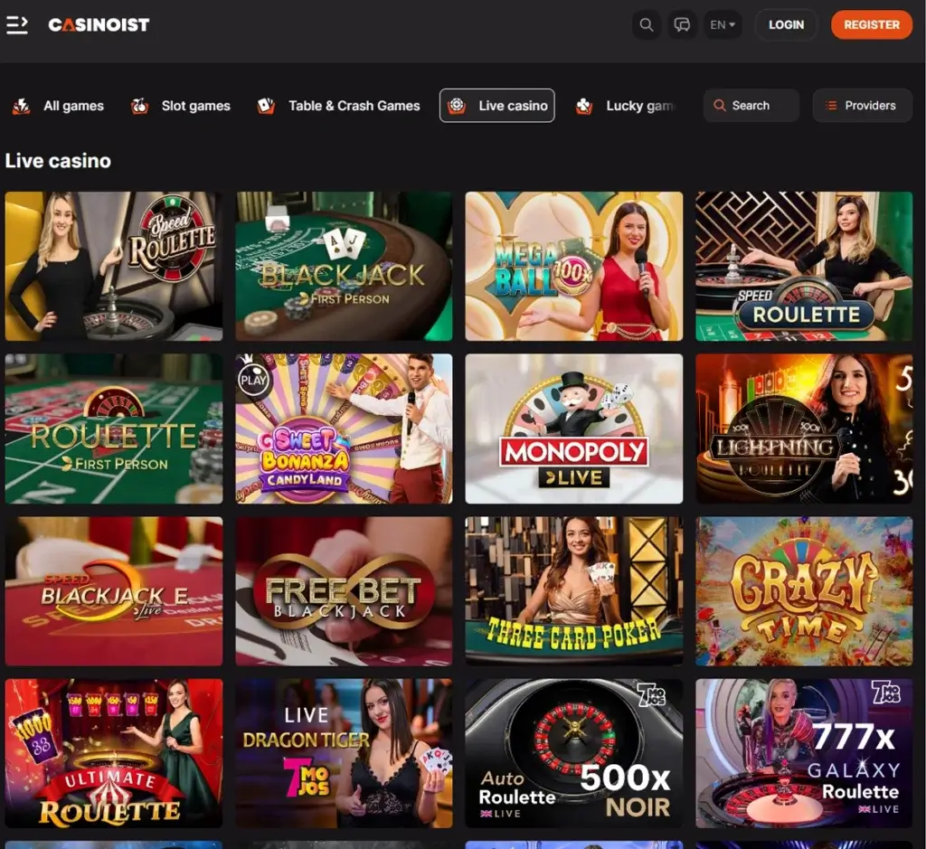 Casinoist Casino desktop live casino screenshot showing live dealer tables and gameplay interface – tested