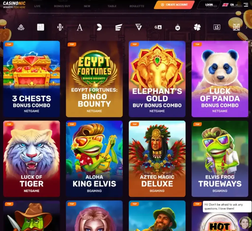Casionic Casino desktop homepage screenshot displaying main lobby with featured games, promotions and navigation menu - tested