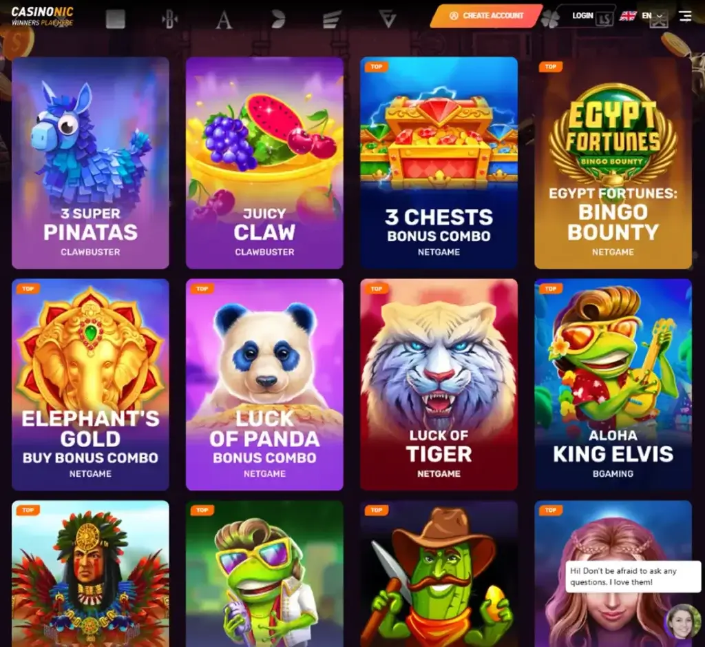Casionic Casino desktop slots lobby screenshot presenting variety of slot games with categories and providers - verified