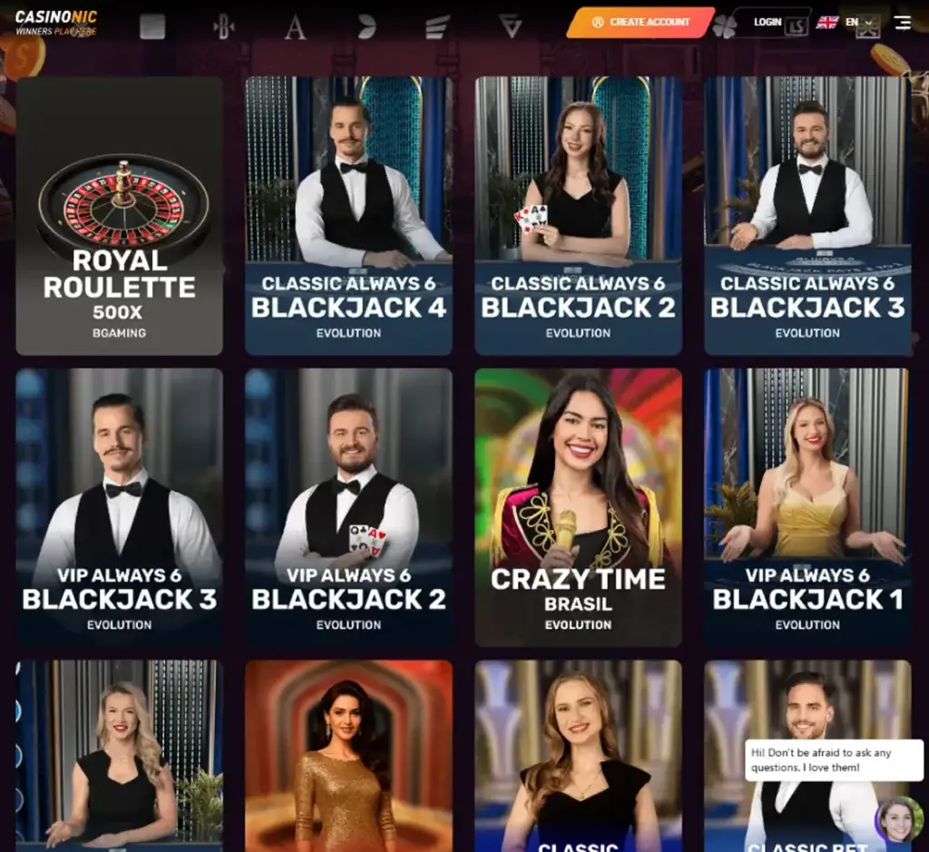 Casionic Casino desktop live casino lobby screenshot featuring live dealer games and real-time streaming interface - review testing