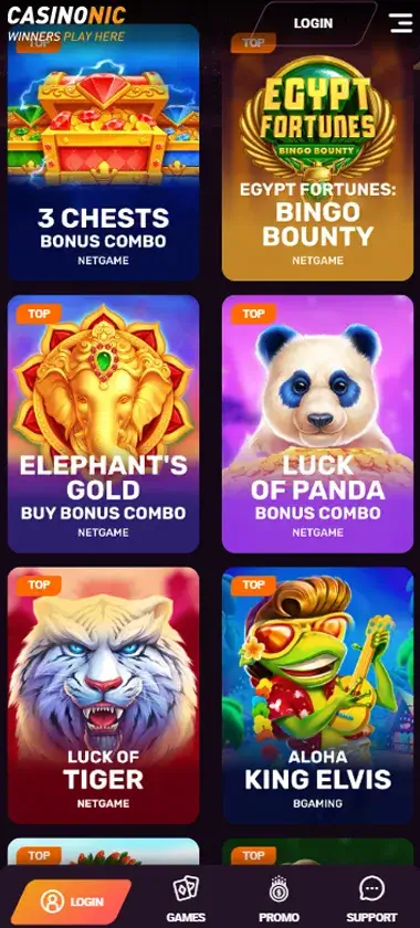 Casionic Casino mobile homepage screenshot showing main lobby with featured games and promotions - captured during platform testing