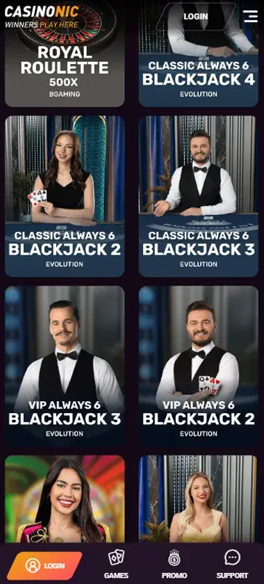 Casionic Casino mobile live casino interface screenshot showing live dealer tables including blackjack and roulette - tested