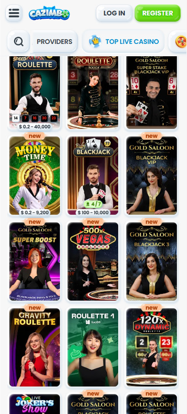 Cazimbo Casino mobile live casino interface screenshot showing live dealer tables including blackjack and roulette - tested
