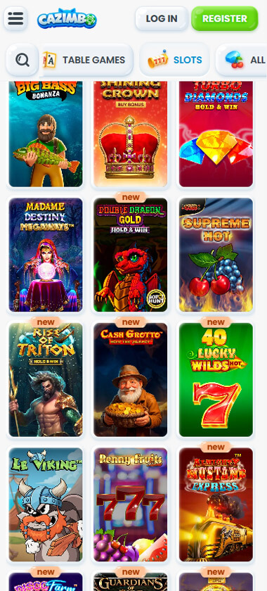 Cazimbo Casino mobile slots interface screenshot showing slot game selection with popular titles and filtering options - captured during platform testing