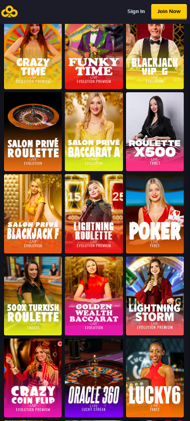 Chancer Casino mobile live casino interface screenshot showing live dealer tables including blackjack and roulette - tested