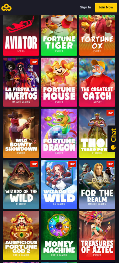 Chancer Casino mobile slots interface screenshot showing slot game selection with popular titles and filtering options - captured during platform testing