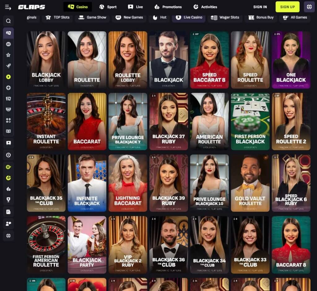 Claps Casino desktop live casino screenshot showing real-dealer tables including roulette, blackjack and baccarat with lobby navigation - tested