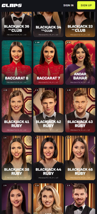 Claps Casino mobile live casino screenshot showing real-dealer tables including roulette, blackjack and baccarat on smartphone interface - tested