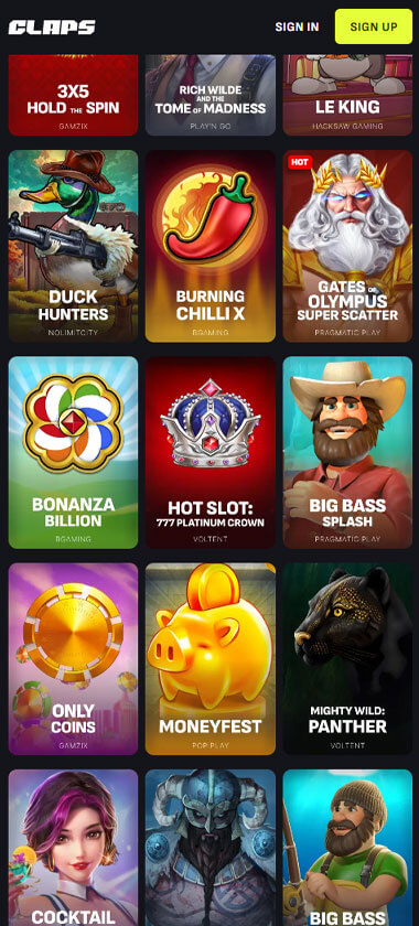Claps Casino mobile slots screenshot showing slot game categories, featured titles and navigation on smartphone interface - tested