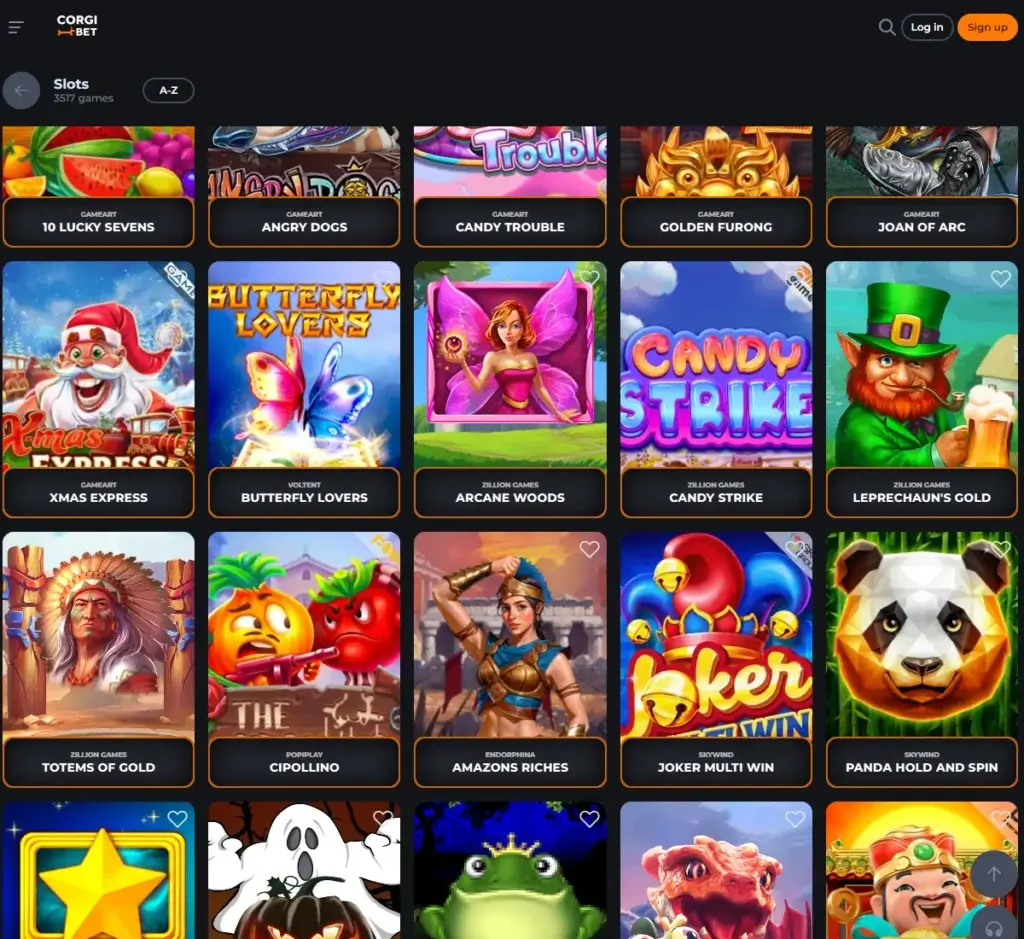 CorgiBet Casino desktop slots screenshot showing slot game categories, featured titles and filtering options - tested