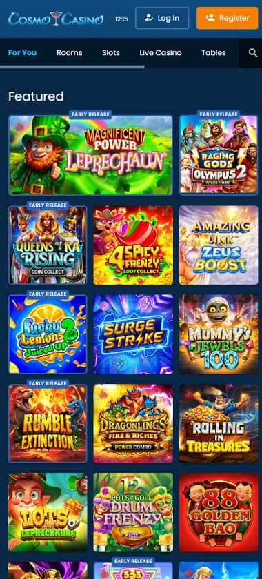 Cosmo Casino mobile slots interface screenshot showing slot game selection with popular titles and filtering options - captured during platform testing