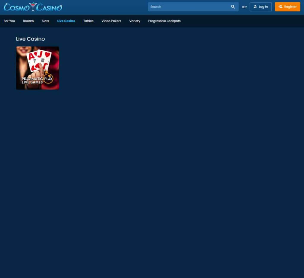 Cosmo Casino desktop live casino lobby screenshot featuring live dealer games and real-time streaming interface - review testing