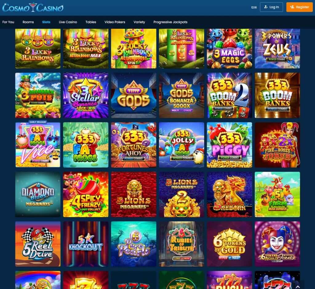 Cosmo Casino desktop slots lobby screenshot presenting variety of slot games with categories and providers - verified