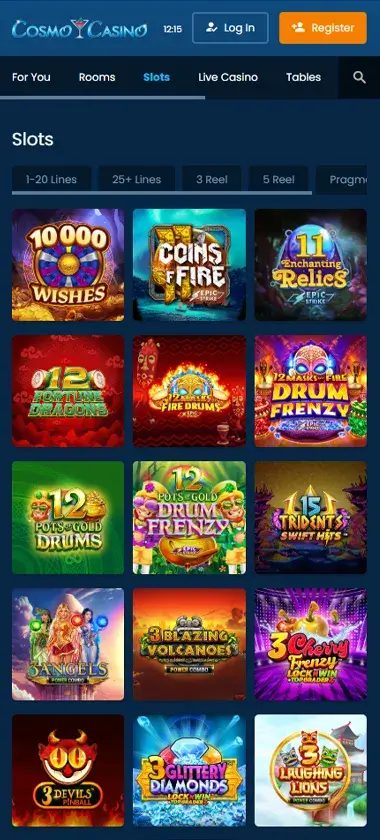 Cosmo Casino mobile slots interface screenshot showing slot game selection with popular titles and filtering options - captured during platform testing