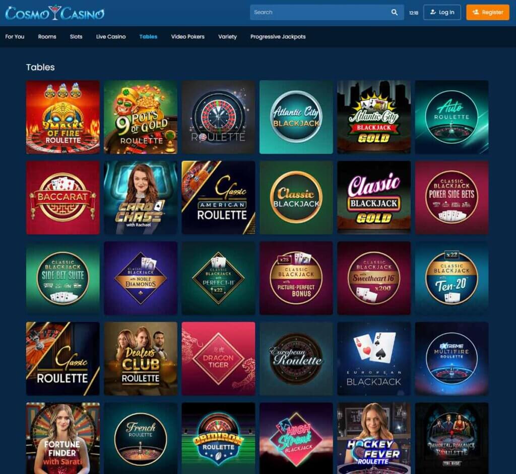 Cosmo Casino desktop table games lobby screenshot displaying classic casino games such as blackjack, roulette and baccarat - tested