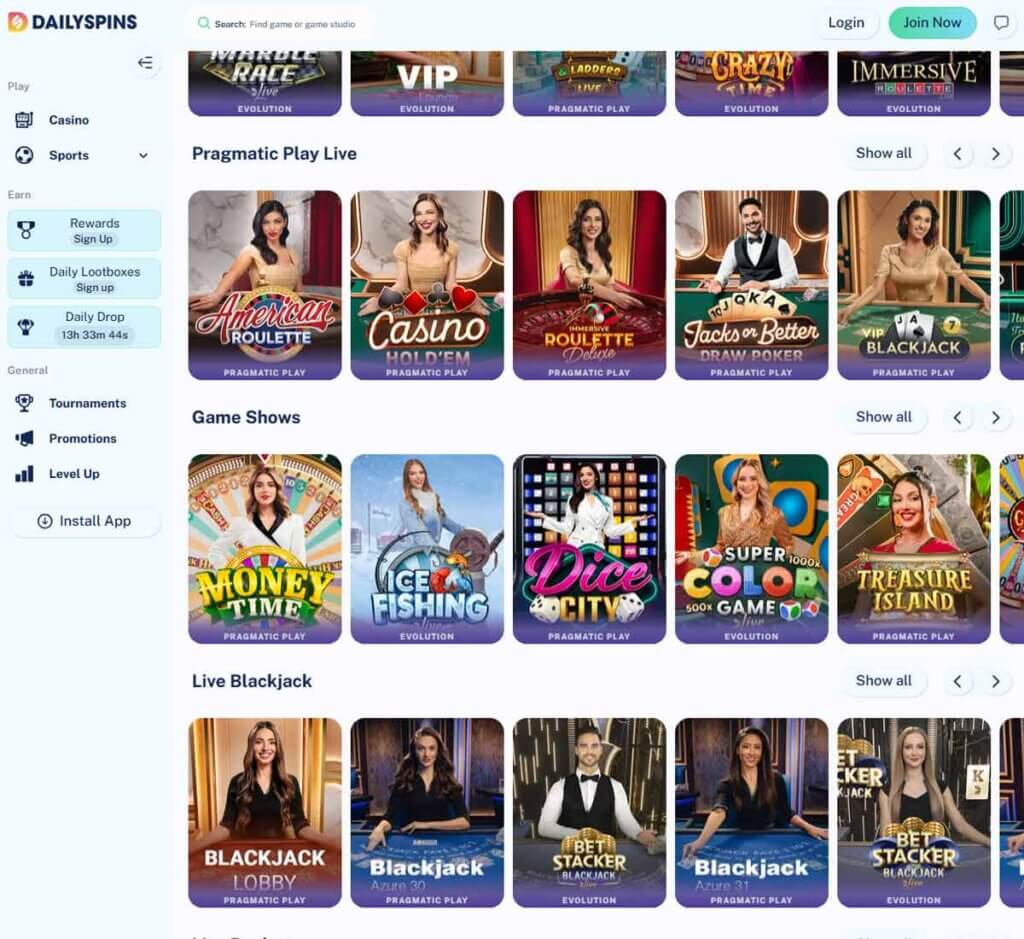 Daily Spins Casino desktop live casino lobby screenshot featuring live dealer games and real-time streaming interface - review testing