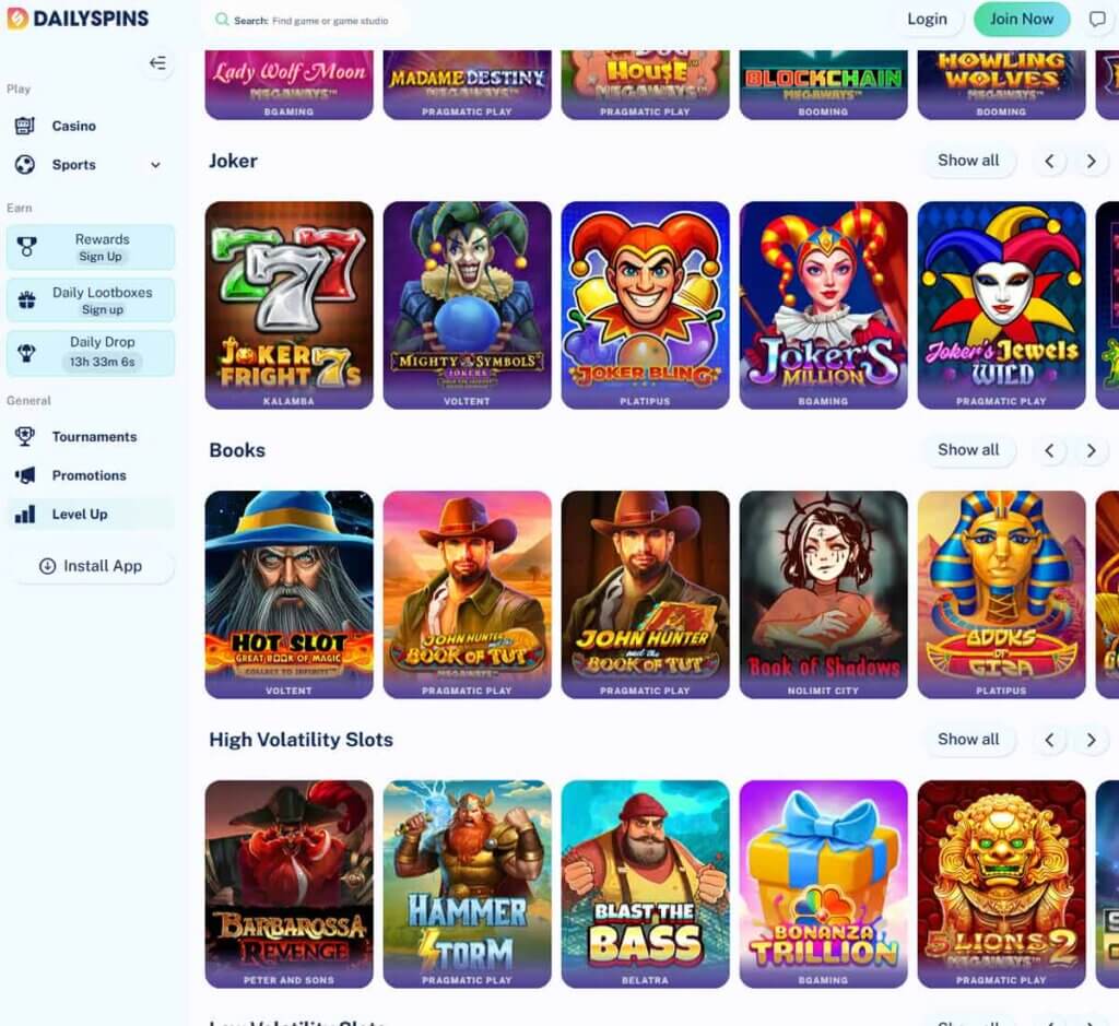Daily Spins Casino desktop slots lobby screenshot presenting variety of slot games with categories and providers - verified