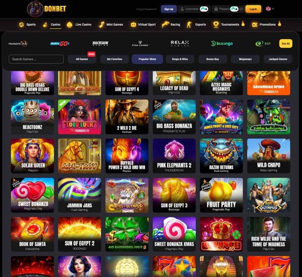 DonBet Casino desktop slots lobby screenshot presenting variety of slot games with categories and providers - verified