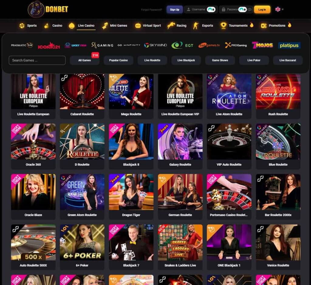 DonBet Casino desktop live casino lobby screenshot featuring live dealer games and real-time streaming interface - review testing