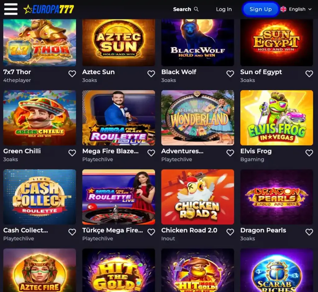 Europa777 desktop game selection screenshot showing slots, table games, filters and game provider logos in the casino library - tested