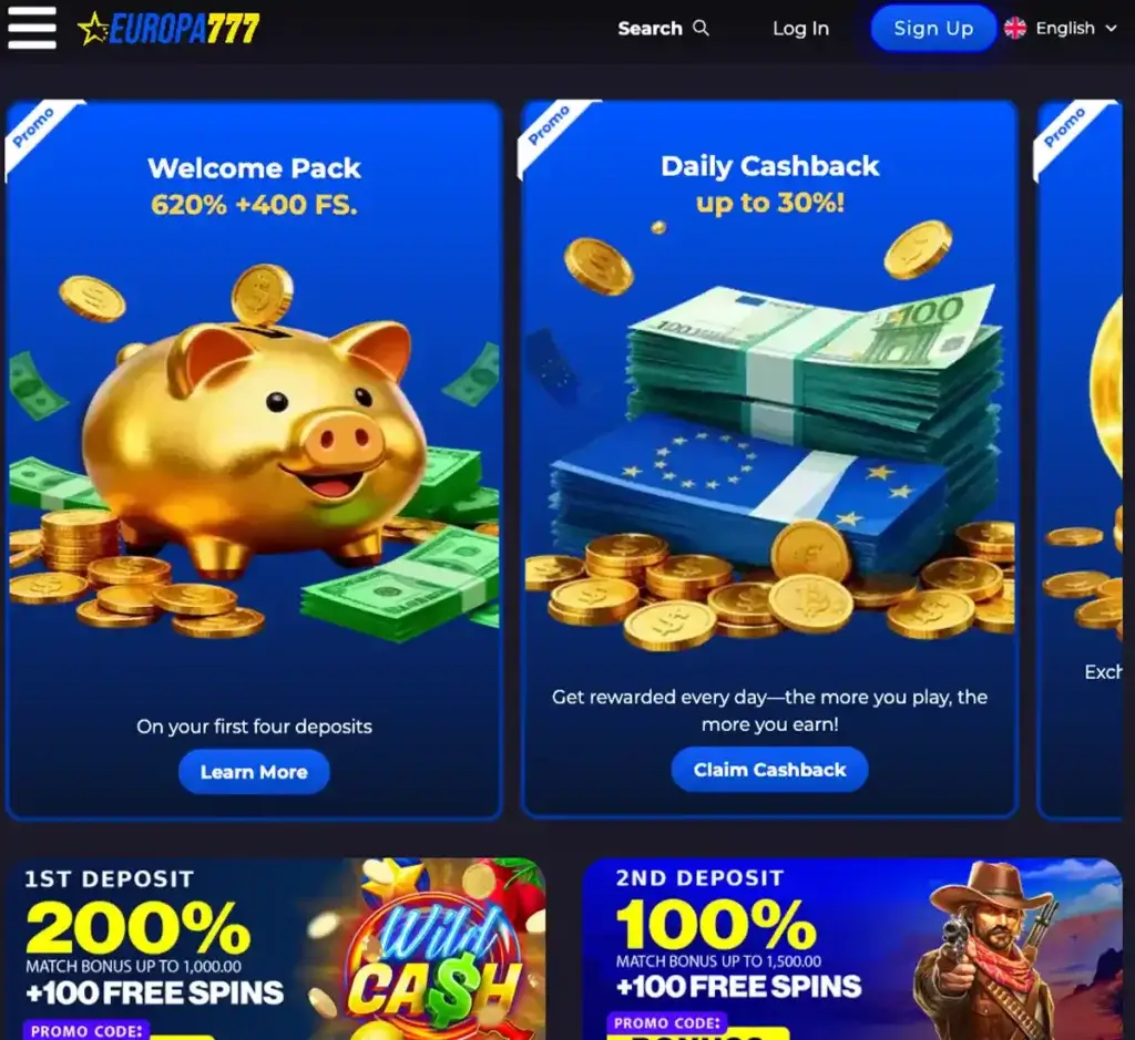 Europa777 desktop promotions screenshot showing promotional banners, bonus offers and promo details in the casino lobby - tested