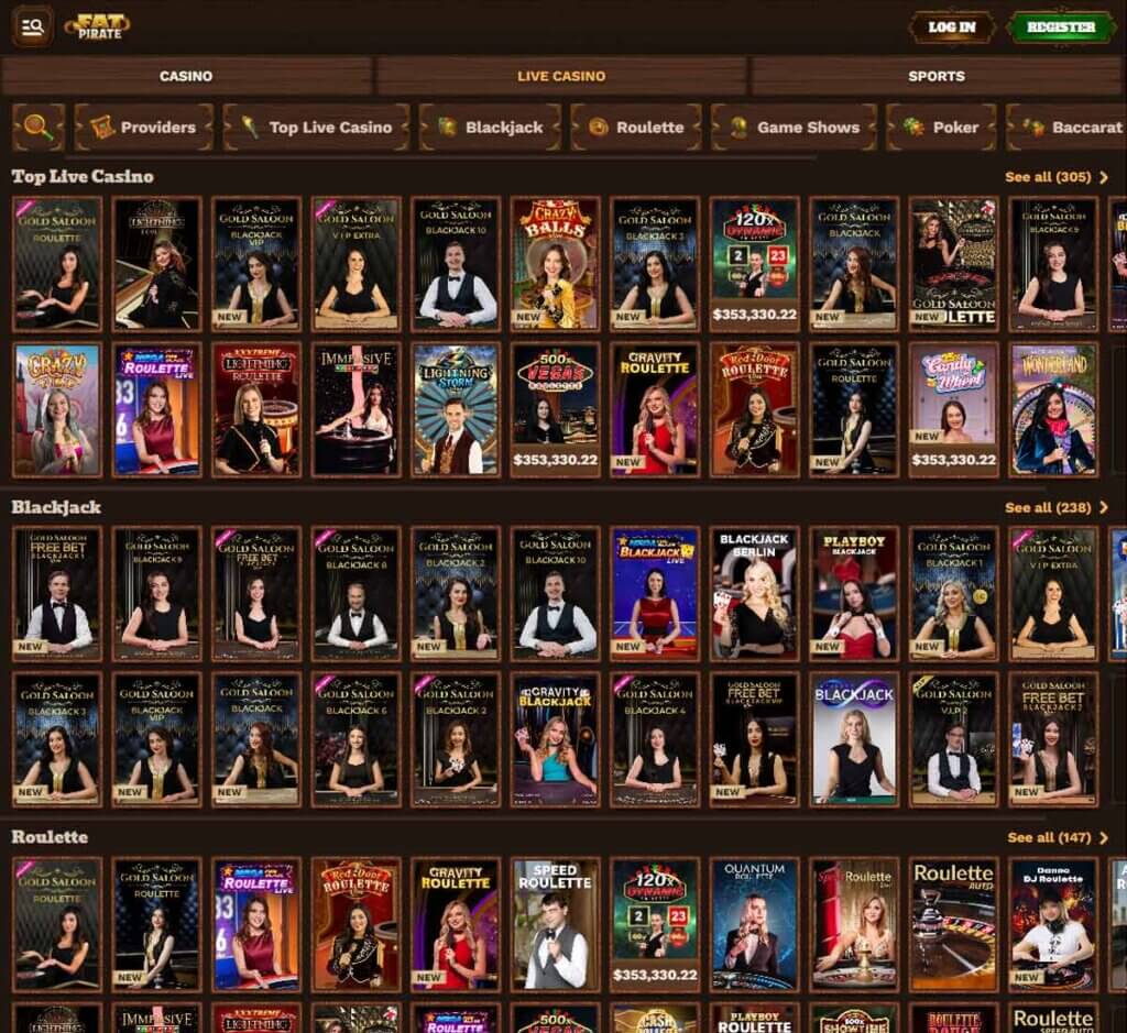 FatPirate Casino desktop live casino lobby screenshot featuring live dealer games and real-time streaming interface - review testing