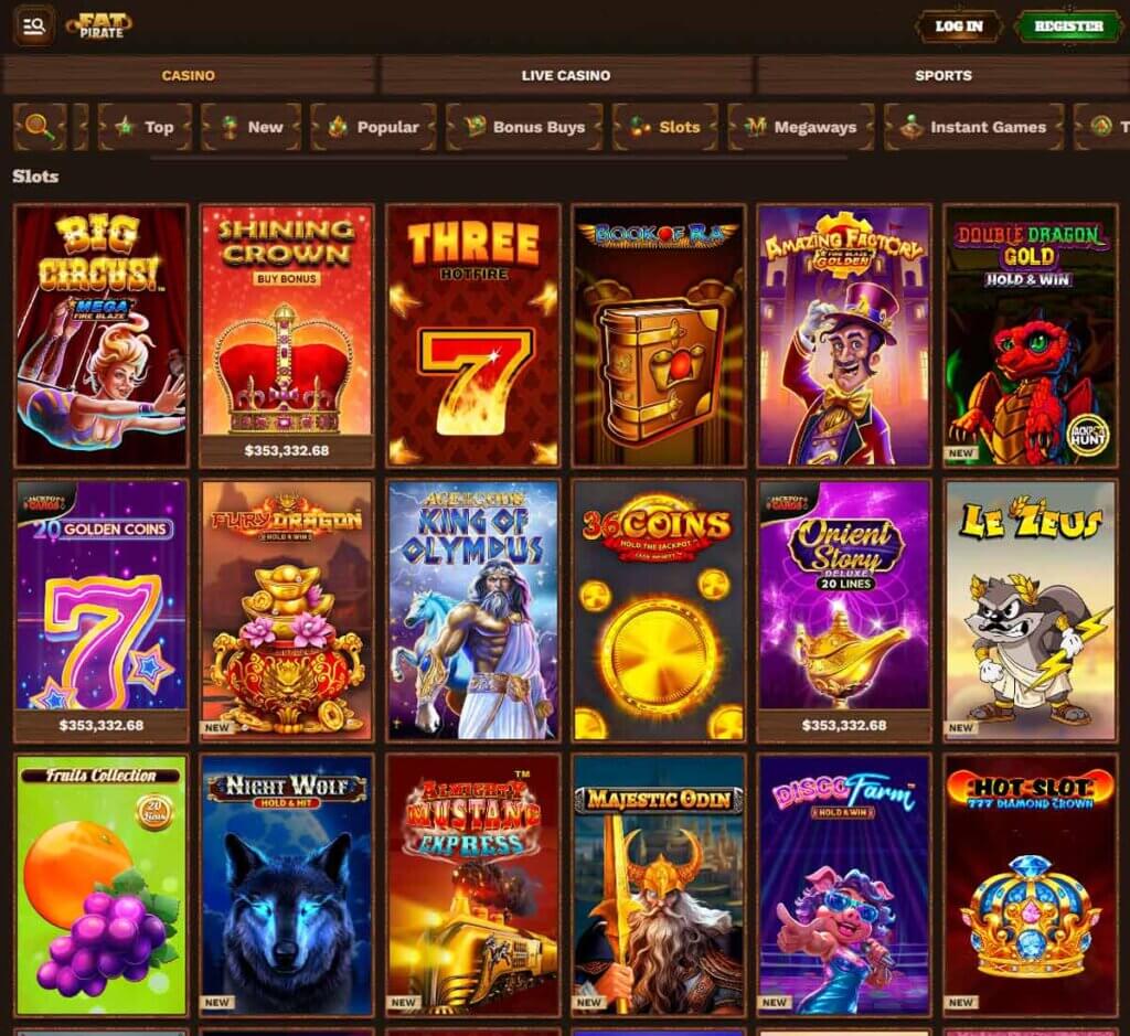 FatPirate Casino desktop slots lobby screenshot presenting variety of slot games with categories and providers - verified