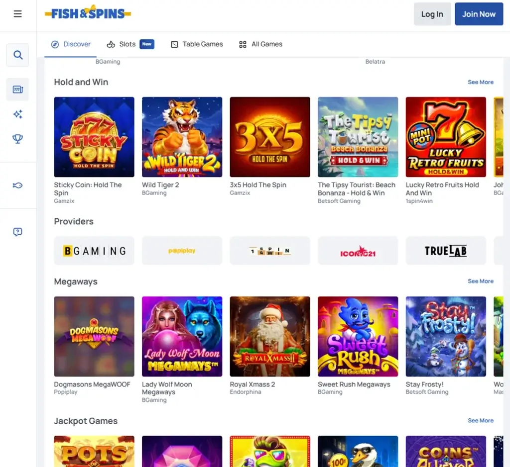 Fish and Spins Casino desktop homepage screenshot showing featured games, main navigation menu, and promotional banners – tested Fish and Spins Casino desktop homepage screenshot showing featured games, main navigation menu, and promotional banners – tested