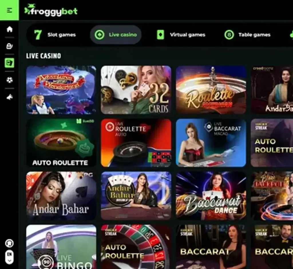 FroggyBet Casino desktop live casino screenshot displaying real-dealer tables including roulette, blackjack and baccarat with lobby navigation - tested