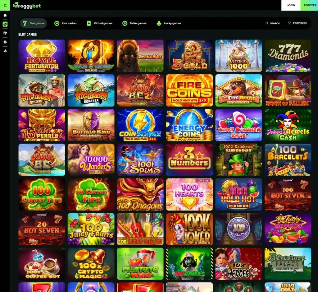 FroggyBet Casino desktop slots screenshot showing slots variety with featured games, categories and filtering options - tested
