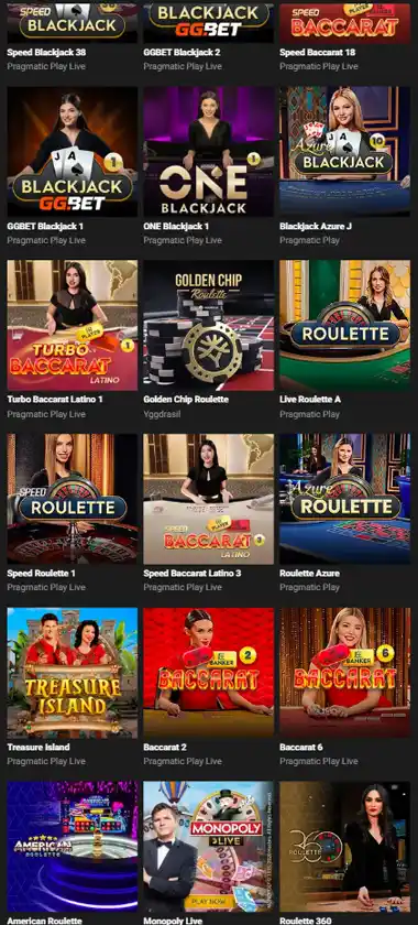 GGBet Casino mobile live casino interface screenshot showing live dealer tables including blackjack and roulette - tested