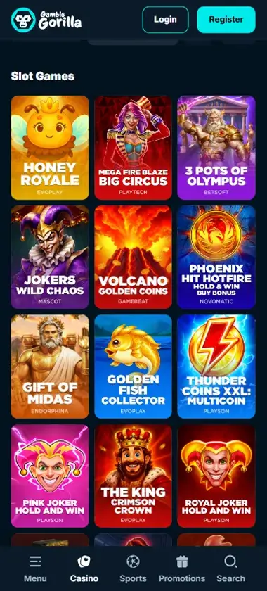 Gamble Gorilla Casino mobile slots interface showing slot game selection with popular titles and filtering options - captured during platform testing