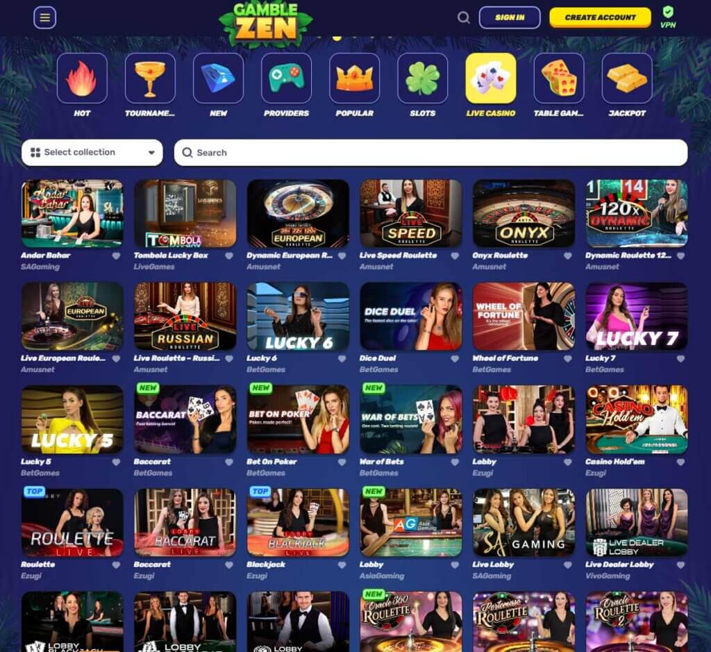 GambleZen review desktop live casino section screenshot showing live dealer tables and streaming interface - tested GambleZen review desktop live casino section screenshot showing live dealer tables and streaming interface - tested