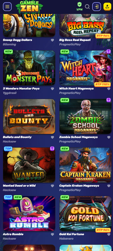 GambleZen review mobile slots interface screenshot showing slot games with filters and featured titles - captured during testing GambleZen review mobile slots interface screenshot showing slot games with filters and featured titles - captured during testing