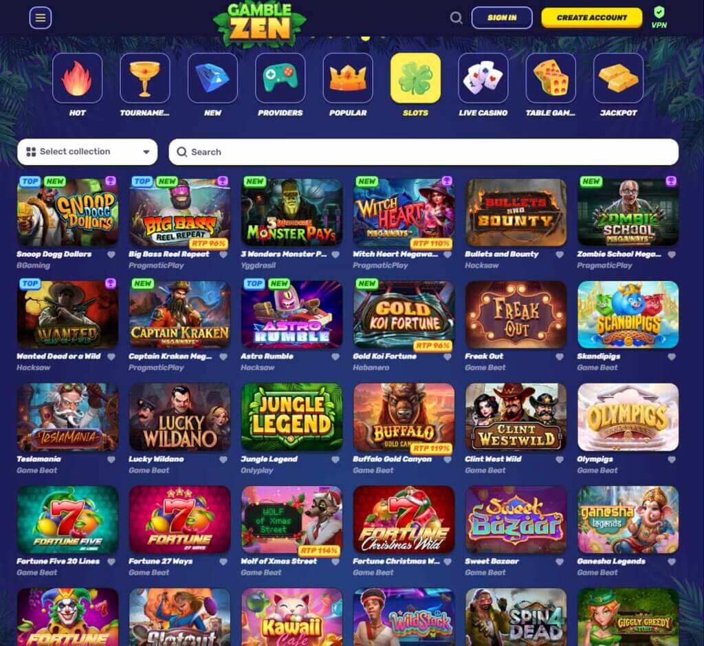 GambleZen review desktop slots section screenshot showing slot game selection, categories and providers - verified GambleZen review desktop slots section screenshot showing slot game selection, categories and providers - verified