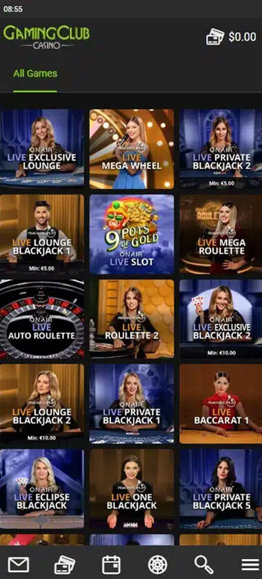 Gaming Club Casino mobile live casino interface screenshot showing live dealer tables including blackjack and roulette - tested Gaming Club Casino mobile live casino interface screenshot showing live dealer tables including blackjack and roulette - tested
