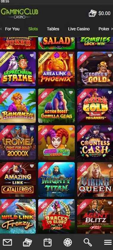 Gaming Club Casino mobile slots interface screenshot showing slot game selection with popular titles and filtering options - captured during platform testing Gaming Club Casino mobile slots interface screenshot showing slot game selection with popular titles and filtering options - captured during platform testing
