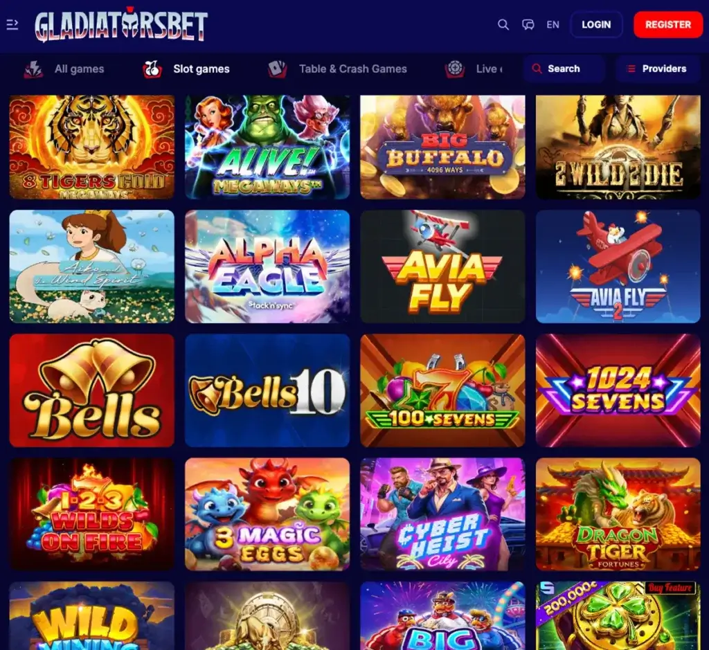 Gladiatorsbet Casino desktop slots screenshot showing slots variety with featured games, categories and filtering options - tested