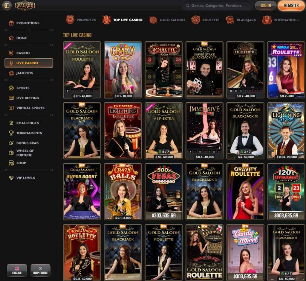 Gransino Casino desktop live casino lobby screenshot featuring live dealer games and real-time streaming interface - review testing