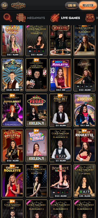 Gransino Casino mobile live casino interface screenshot showing live dealer tables including blackjack and roulette - tested