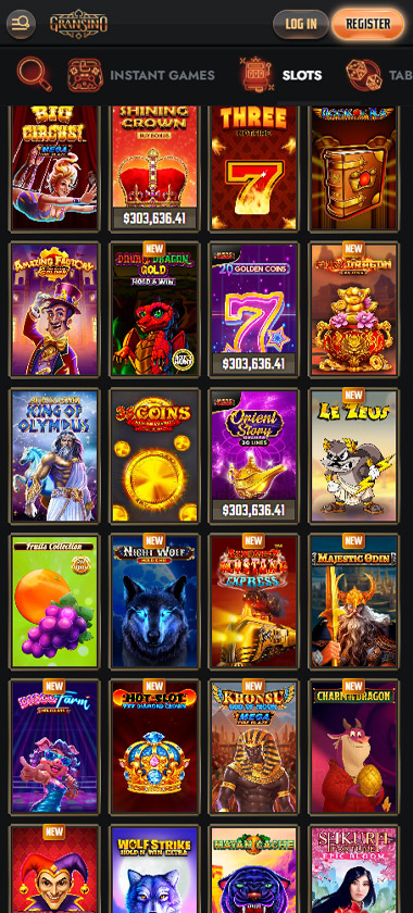 Gransino Casino mobile slots interface screenshot showing slot game selection with popular titles and filtering options - captured during platform testing