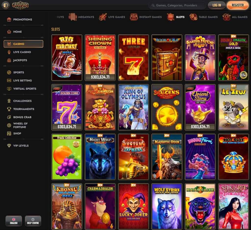 Gransino Casino desktop slots lobby screenshot presenting variety of slot games with categories and providers - verified
