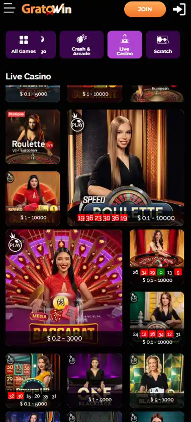 GratoWin Casino mobile live casino interface screenshot showing live dealer tables including blackjack and roulette - tested