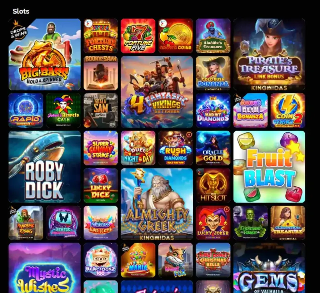 GratoWin Casino desktop slots lobby screenshot presenting variety of slot games with categories and providers - verified