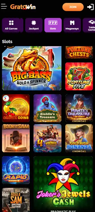 GratoWin Casino mobile slots interface screenshot showing slot game selection with popular titles and filtering options - captured during platform testing