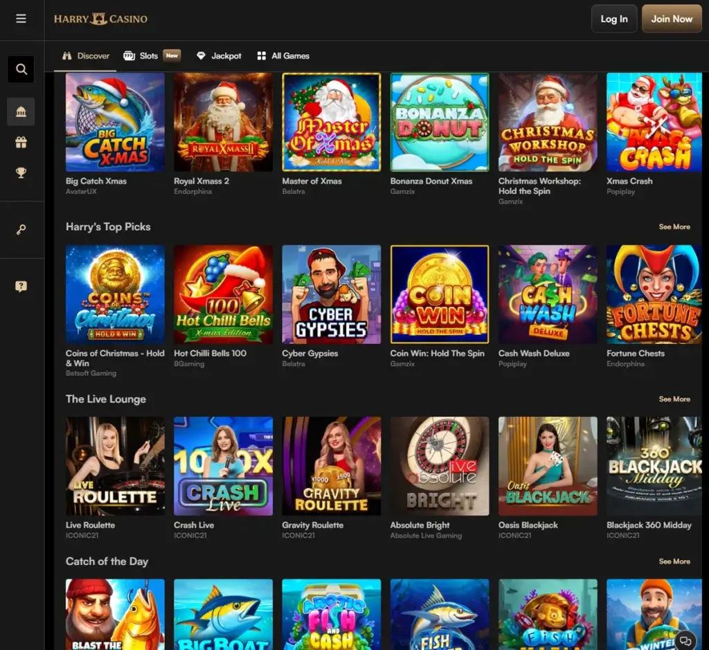 Harry Casino desktop homepage screenshot displaying featured games, promotions, and navigation – tested