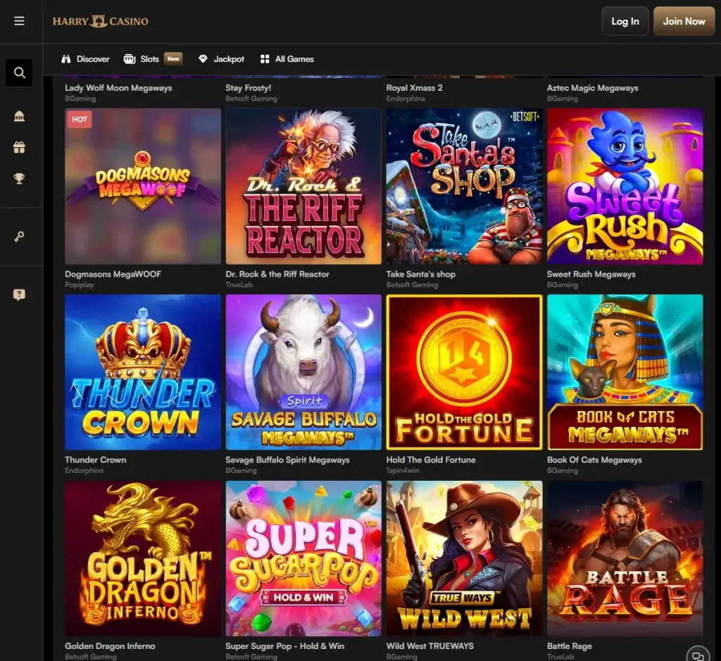 Harry Casino desktop Megaways slots screenshot showing a variety of Megaways slot games and features – tested